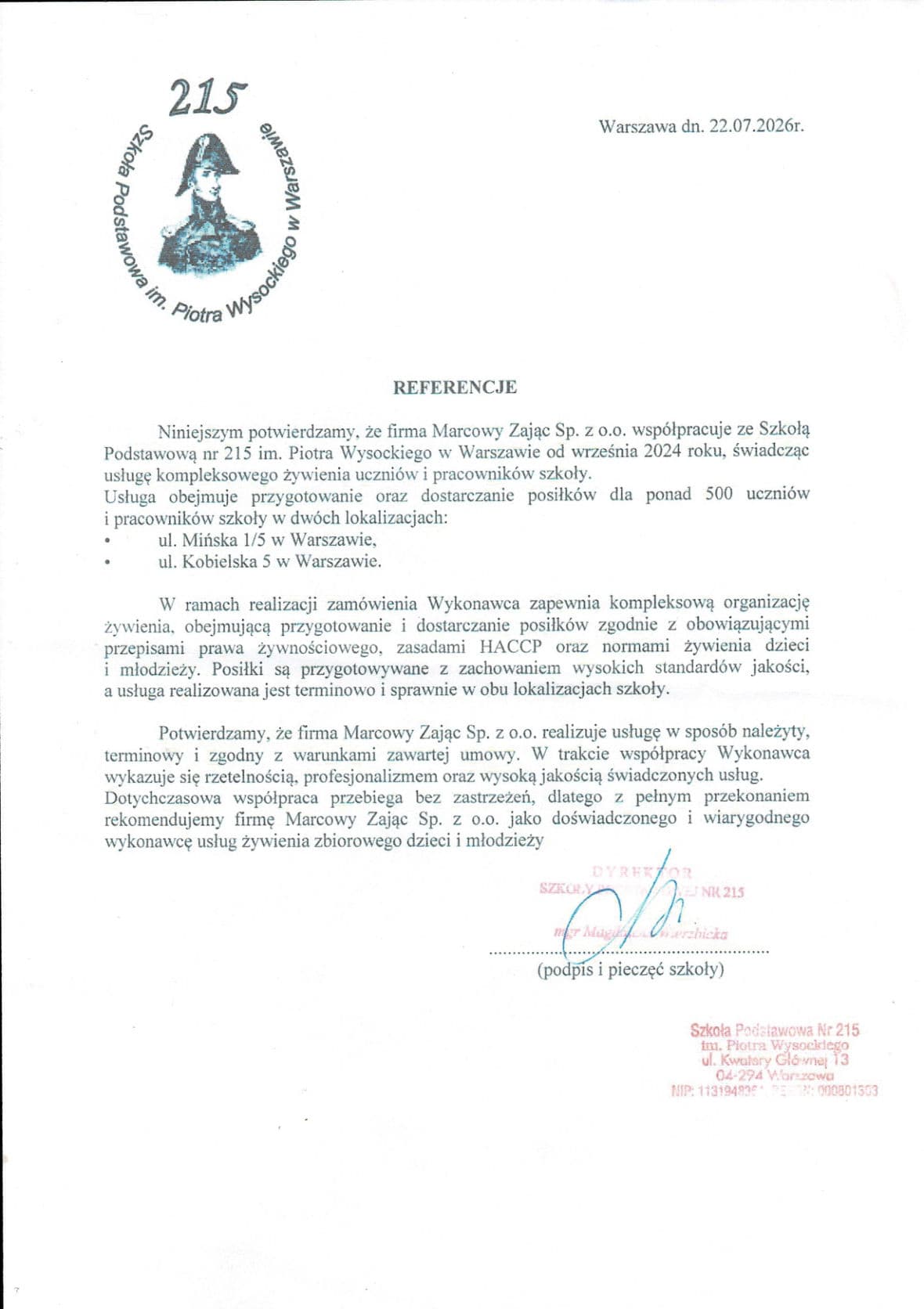 Referencje: Szkoła Podstawowa nr 215 im. Piotra Wysockiego